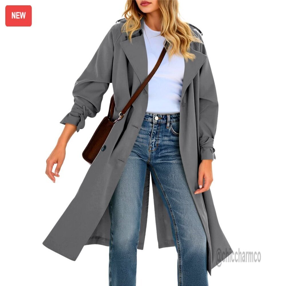 Long Trench Coat Double Breasted Notch Lapel Lightweight Oversized Windproof